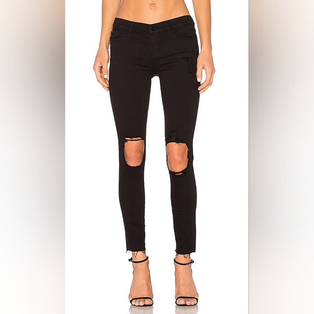 NWT Frame Denim Le Skinny De Jeanne Crop Distressed Denim in Lord Noir Sz 25